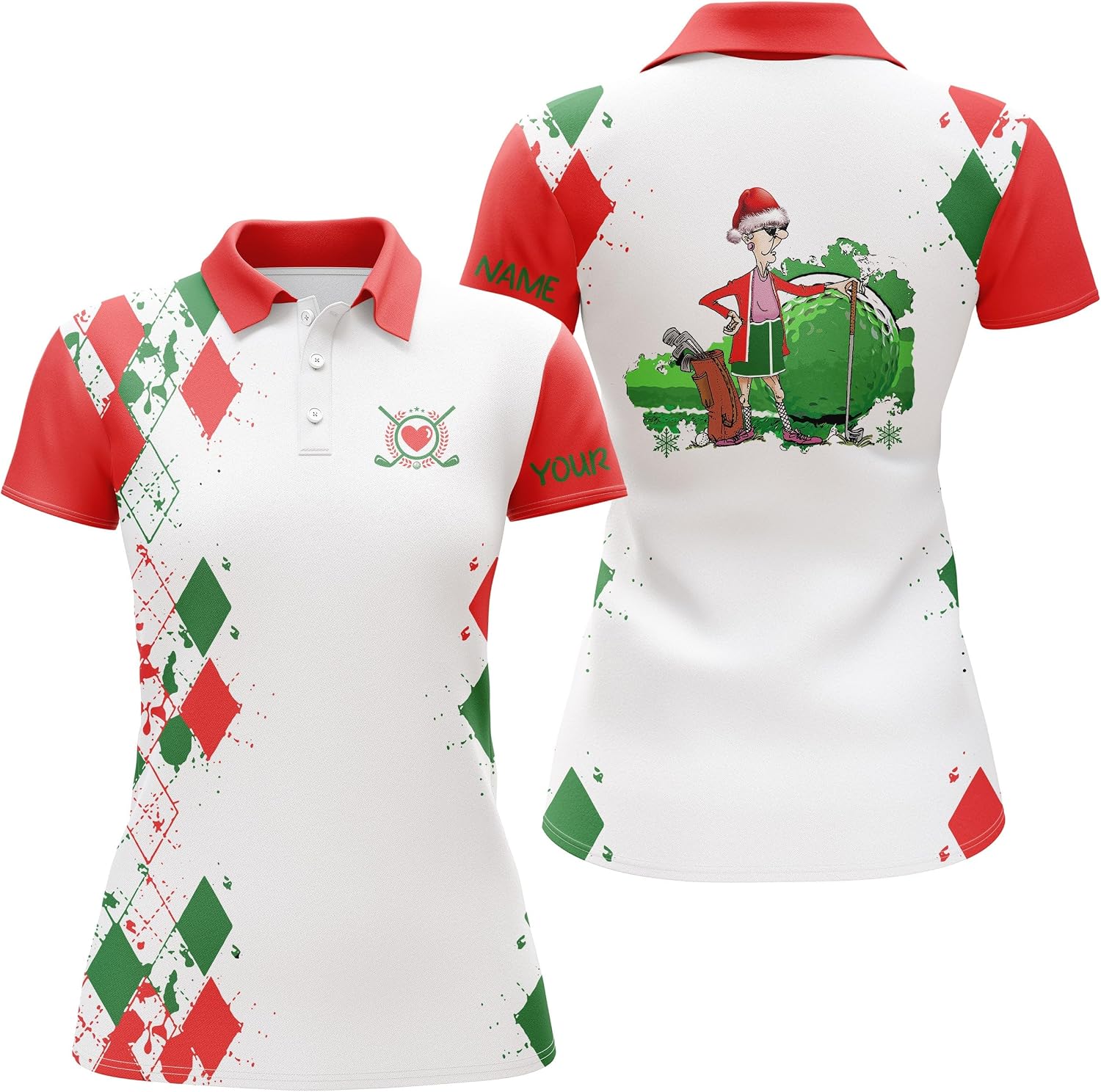 Personalized Funny Christmas Argyle Pattern White Womens Golf Polo Shirt Custom Christmas Golf Gifts for Grandma - GN4149