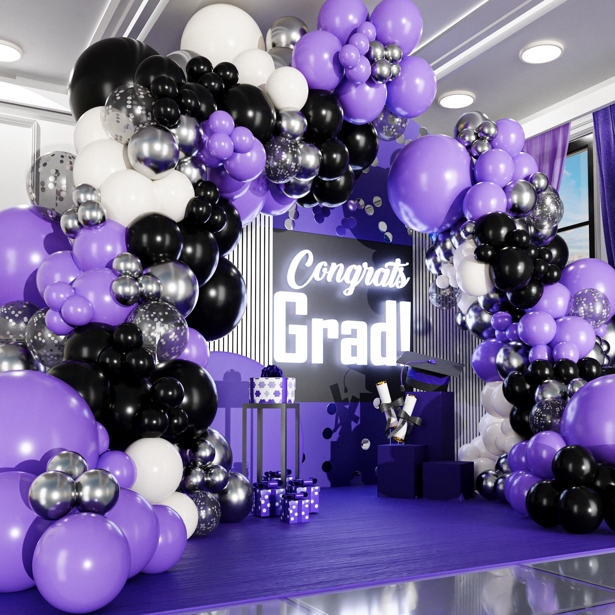 ALL-IN-1 Purple and Black White Balloons Garland & Arch Kit – Small and Large White Purple and Black Balloons – Party Decorations for Graduations,