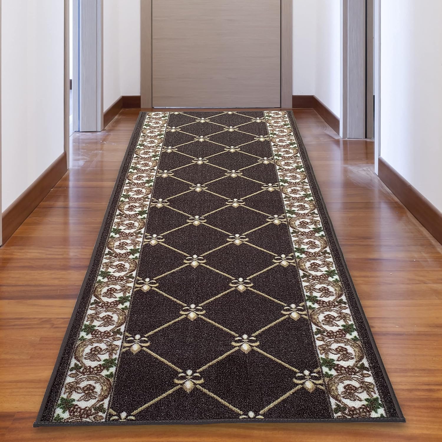 CreativeDeco Custom Made Runner Rug Low Pile with Rubber Backing for Kitchen Foyer Hallway Entry Choose Your Length Size 26 Inch Wide Fleur De Lis French Design Brown Color (2 feet x 26 inch)