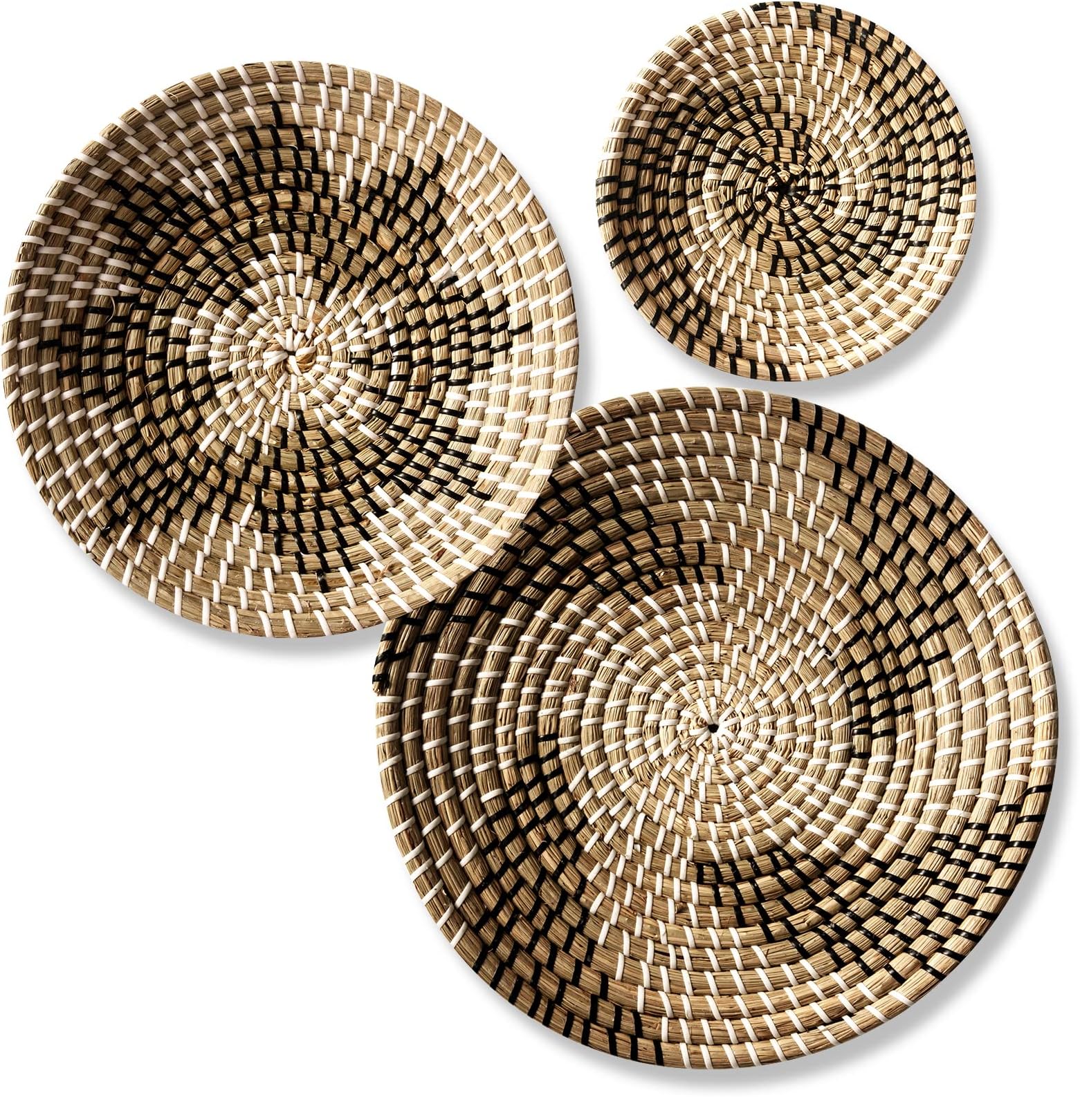 Set of 3 Decorative Wall Basket - Boho Hand Woven Rattan Hanging Decor Round Flat Wicker Baskets for Home Living Room Housewarming Gift