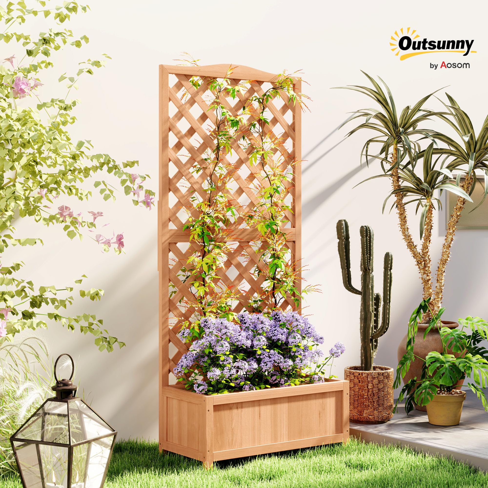 Outsunny Letto per Orto Rialzato da Esterno con Grigliato, Fioriera da Esterno con Traliccio per Piante Rampicanti in Legno di Abete, per Fiori e Verdure, per Giardino e Balcone, 76x36x170 cm, Marrone