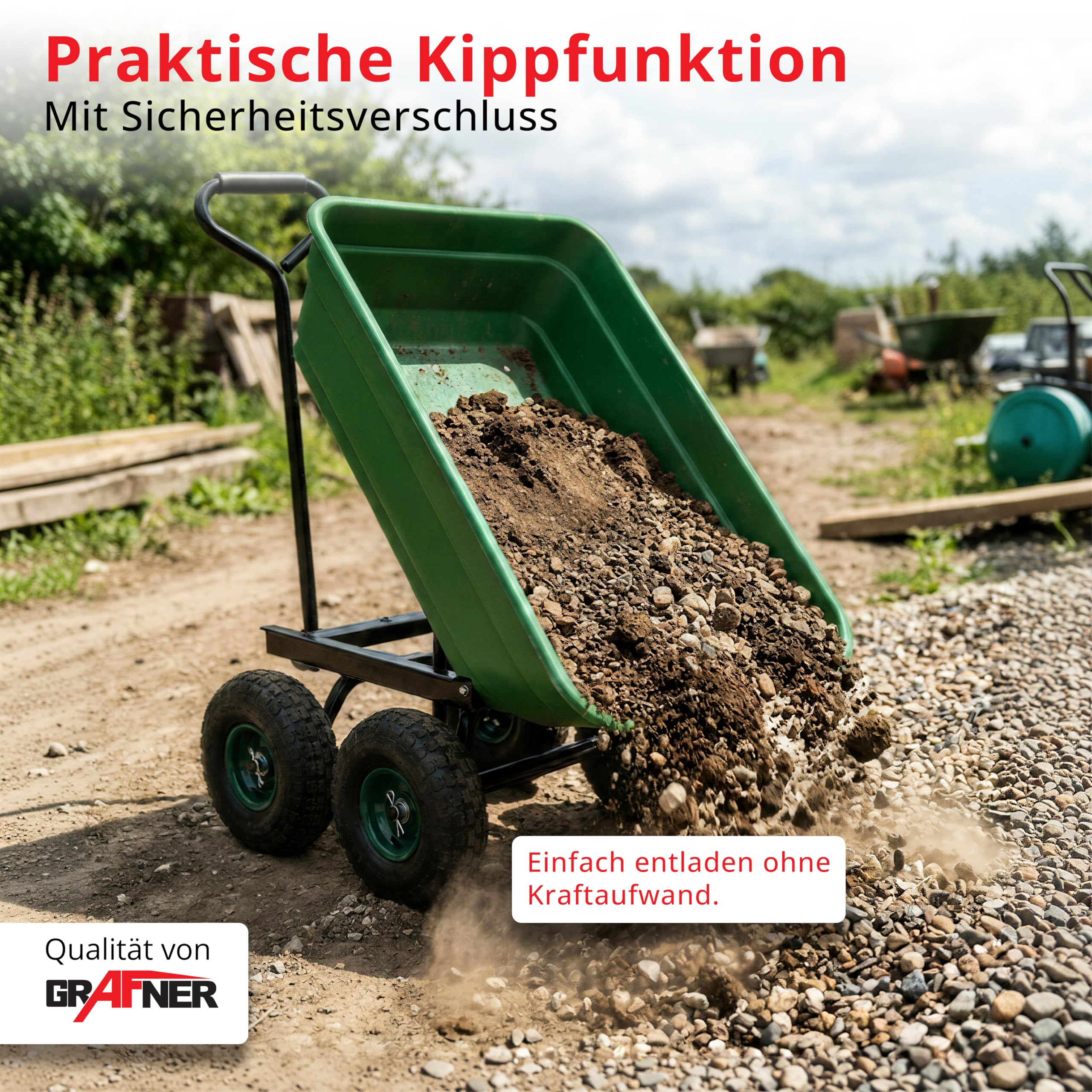 Grafner Gartenwagen mit Kippfunktion, belastbar bis 300 kg, 75 Liter Kunststoffwanne und Lenkachse, Luftbereifung, Transportwagen Gartenkarre Dumper Handwagen Schubkarre Bollerwagen