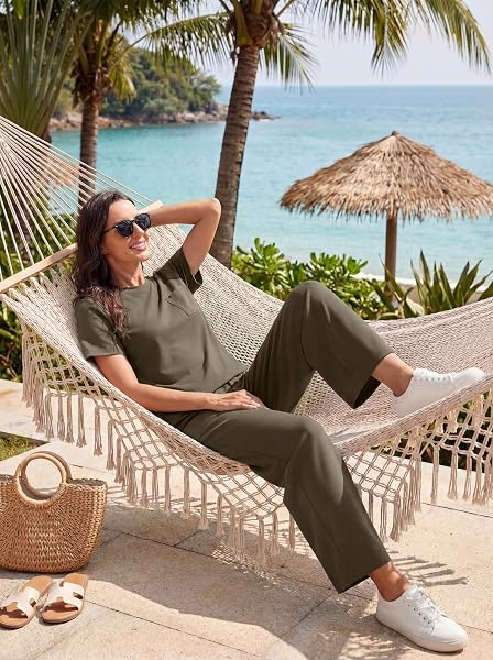 GRECERELLE Zweiteiler Jogginganzug Damen Sommer Trainingsanzug Outfits Tracksuit Kurzarm Lässige Rundhals Brusttasche Tshirts und weite Jogginghosen Trainingsanzüge mit Taschen - 3