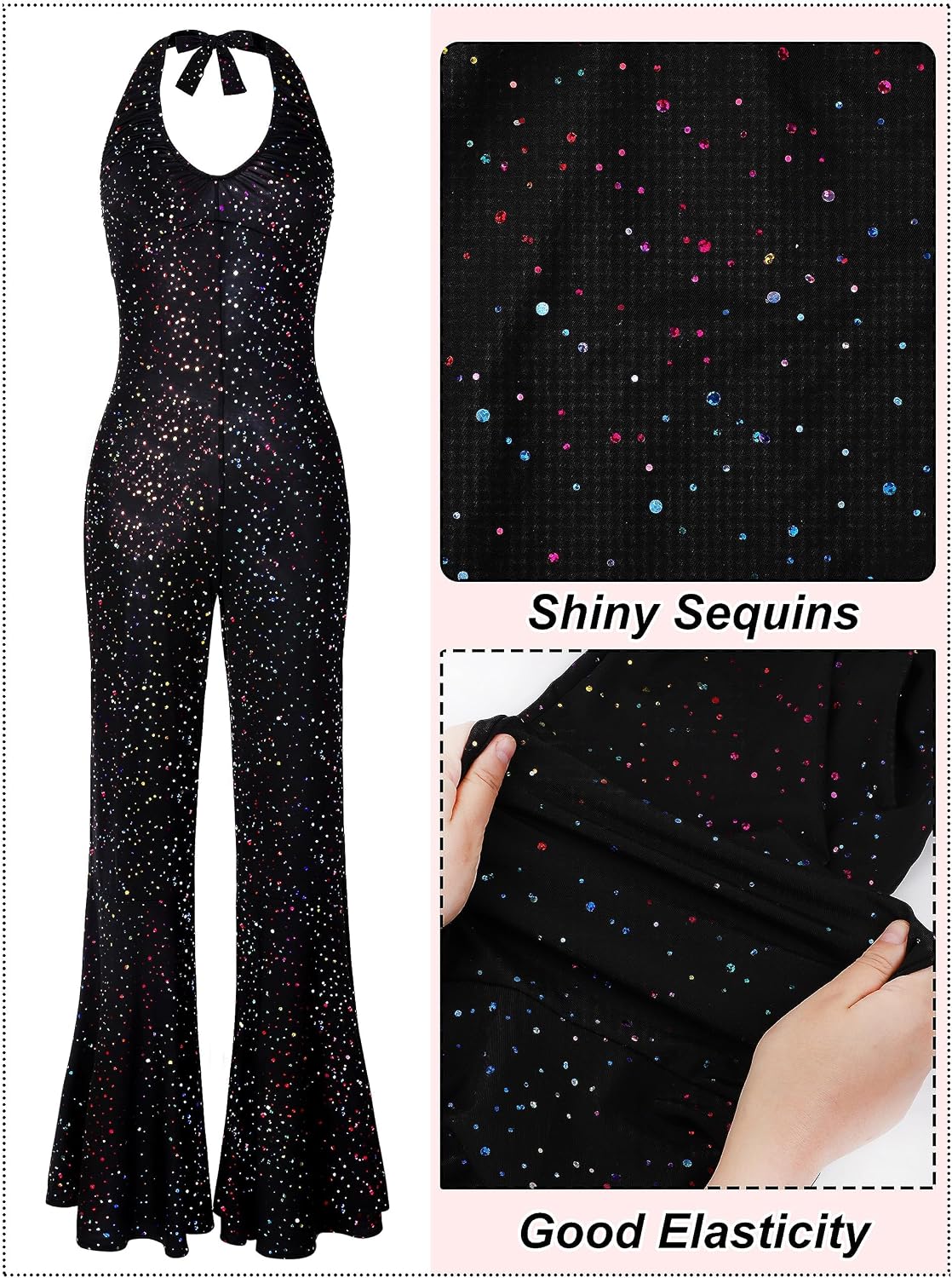 SOMSOC 70s Disco Jumpsuit Costumes Women Fashion Disco Accessories for Halloween Necklace Earrings Bracelet Glasses Belt