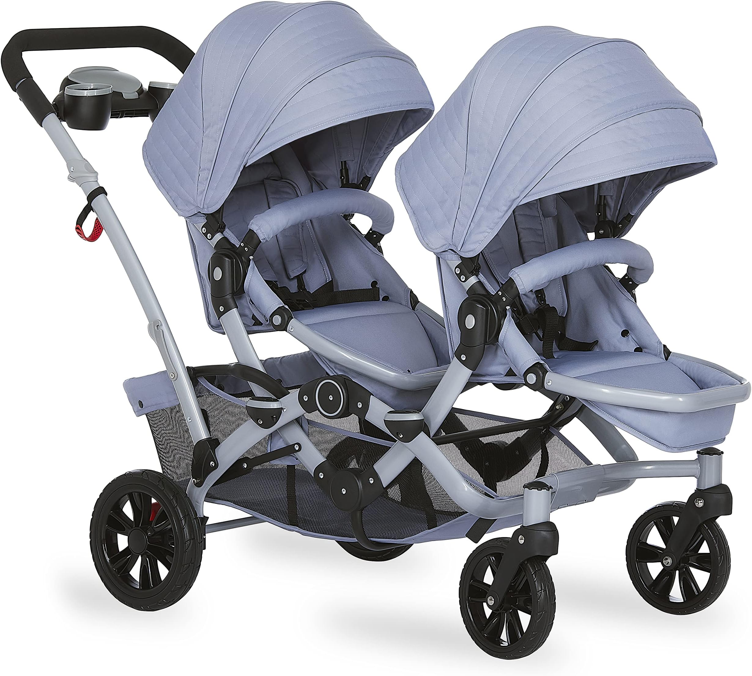 Dream On Me Track Tandem Double Umbrella Stroller in Sky Grey, Lightweight Double Stroller for Infant and Toddler, Multi-Position Reversible & Reclining Seats, Large Storage Basket and Canopy