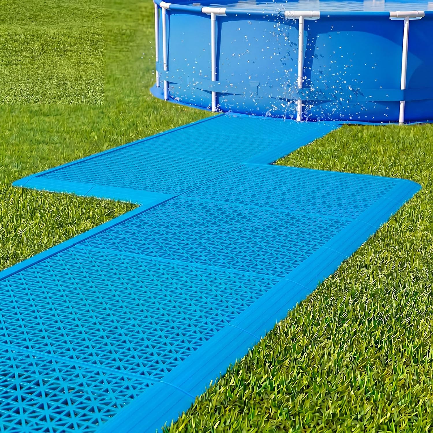 Interlocking Pool Deck Tiles 16 PC Modular Non‑Slip Floor Mats with 20 Edge Strips 9.84″ x 9.84″ Outdoor Drainage Floor Mat for Pool, Patio, Garage & Bathroom(Blue)