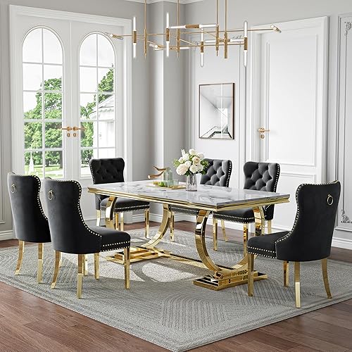 Miniatura 45 de Juego de mesa de comedor de mármol sintético de 70 pulgadas para 6, mesa de cocina grande y sillas de cuero sintético blanco, mesas de comedor Plata