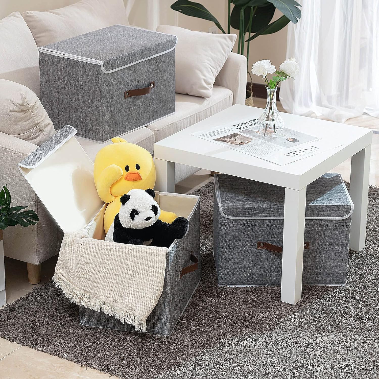 Yawinhe Collapsible Storage Boxes with Lids Fabric Foldable Storage Bins Organizer Containers Baskets with Lid for Home Bedroom Closet Office (White/Grey&Full Grey, 17.7x11.8x11.8in/6-Pack)