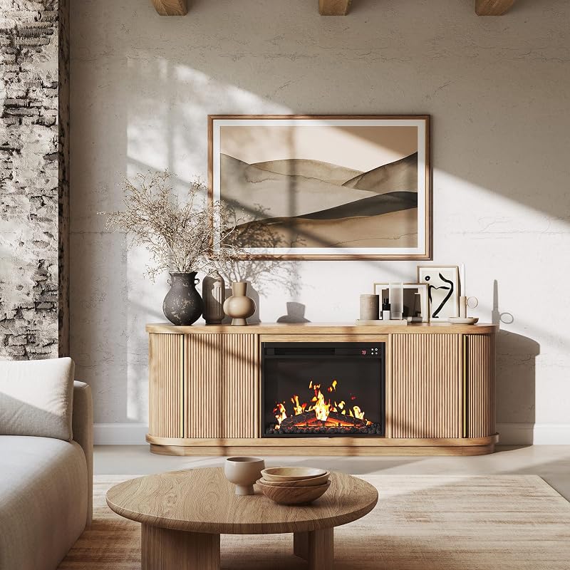 BELLEZE Turin 67" TV Stand with 23" Electric Fireplace Heater - Camel image 6