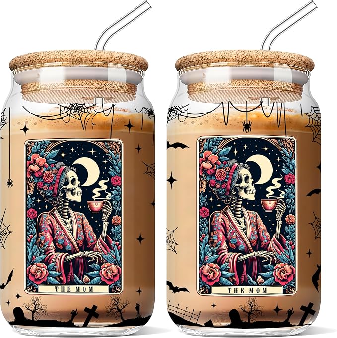 Funny Skeleton Mom 16 Oz Iced Coffee Cups Tarot Card Halloween Glass with Lids and Straws Spooky Skull Drinking Glasses Mommy Witchy Mugs Gothic Christmas Gifts for Women Mama Aunt Coworkers