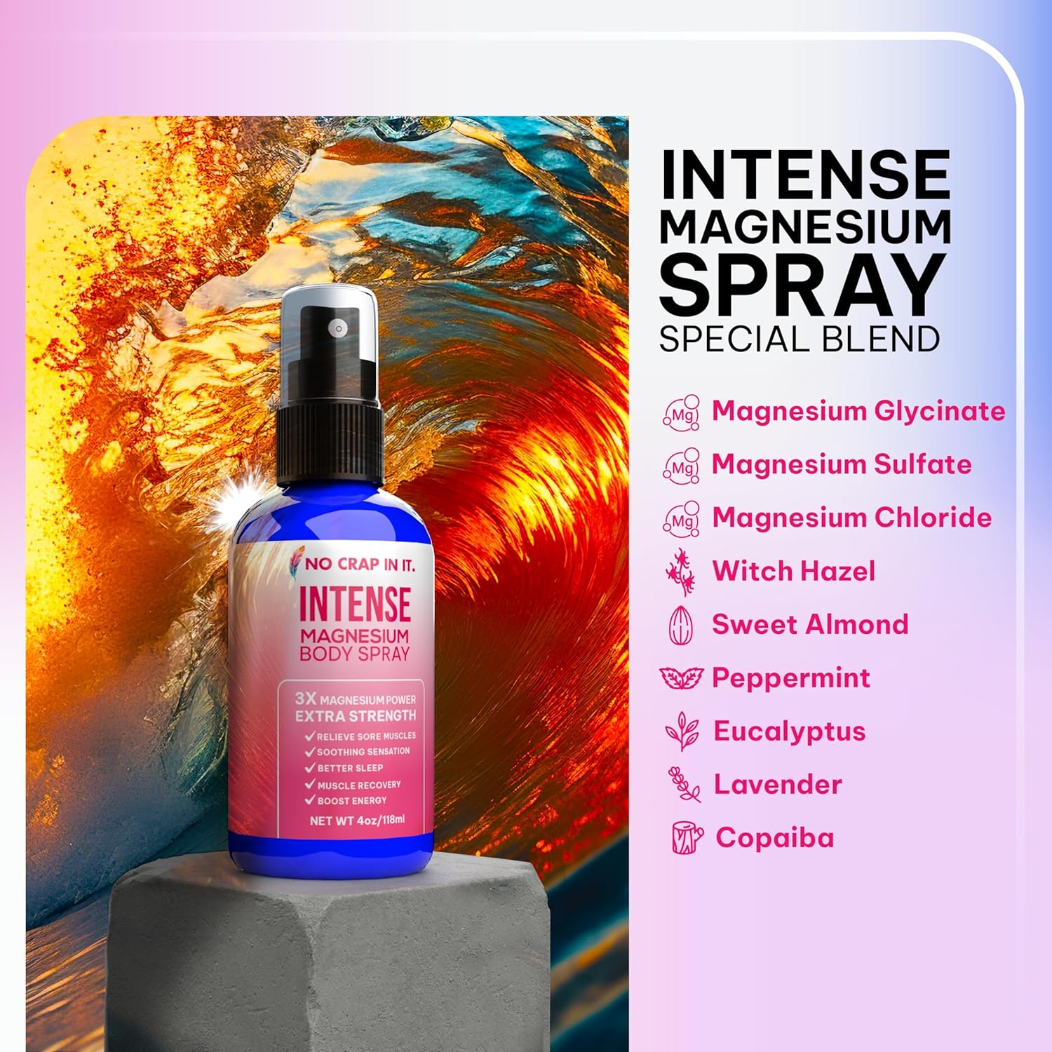 Intense Magnesium Spray Triple Magnesium Power: All Natural Magnesium Chloride, Glycinate, Sulfate -4oz