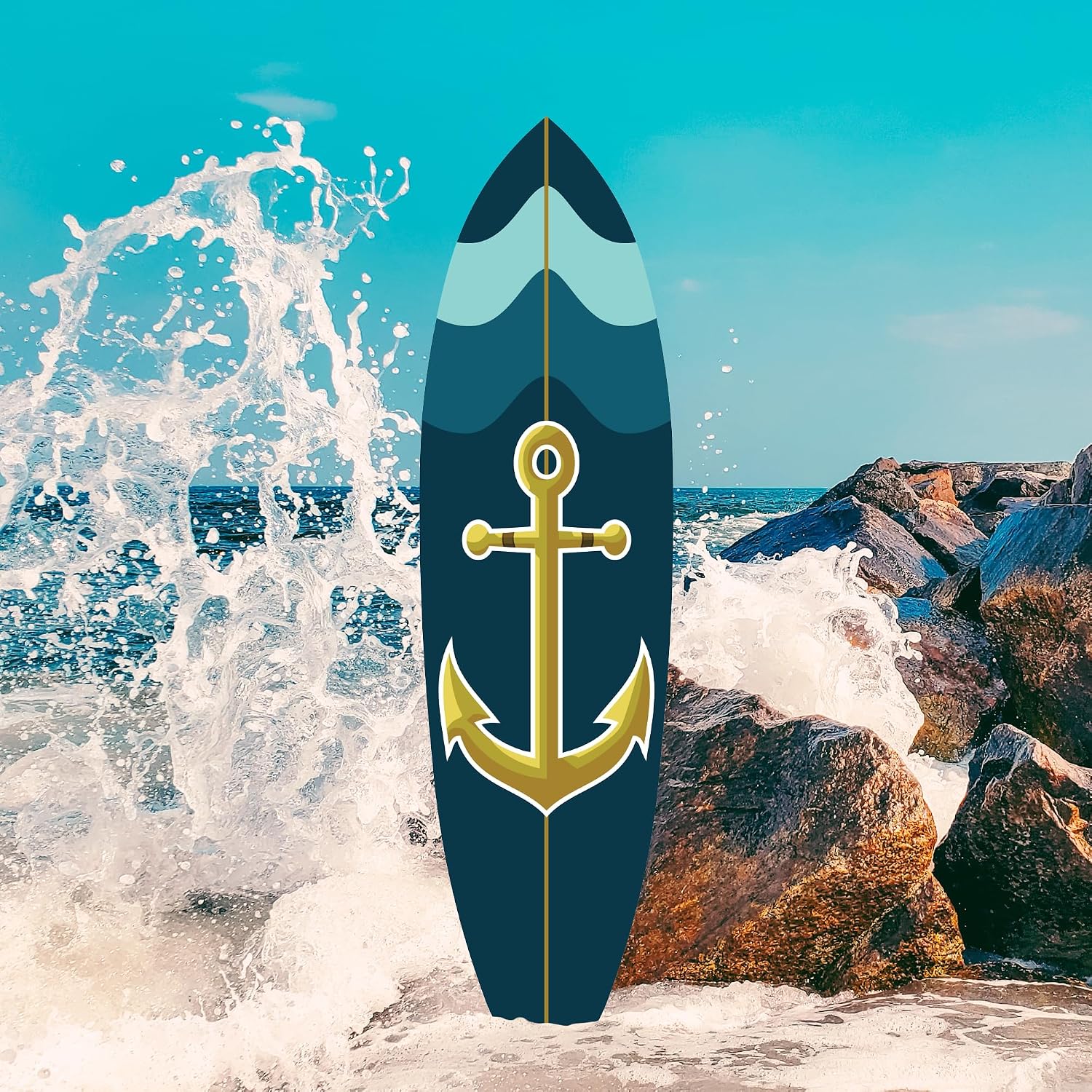JennyGems Outdoor Anchor Surfboard Wall Art, Navy Blue and Teal, Nautical Beach House Decor, Indoor Outdoor Weather Resistant PVC, 5 Foot