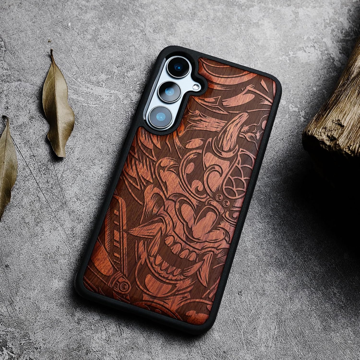 Carveit Wood Case for Galaxy S24 Case [Natural Wood & Black Soft TPU] Shockproof Protective Cover Unique Wooden Design Compatible with Samsung S24 (Devil's Fury-Rosy)