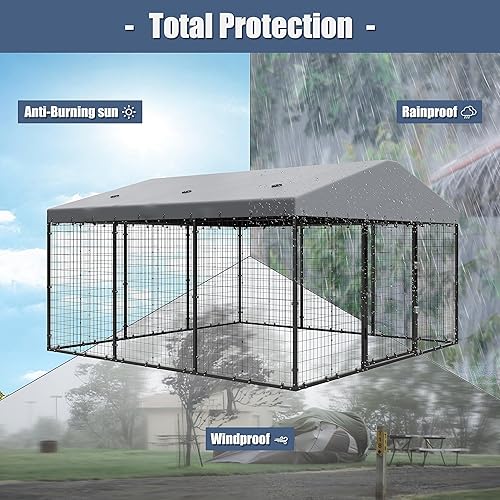 Miniatura 9 de Perrera grande para perros con techo, jaula pesada para perros grandes, 118 x 118 x 70.9 pulgadas, corral galvanizado para perros con cerraduras de