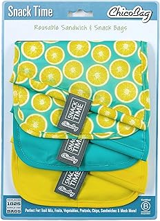 ChicoBag Snack Time rePETe Reusable Sandwich Bags w/Secure Hook & Loop | Perfect for Sandwiches & Snacks | Eco-Conscious Baggies | Easy to Clean | Lemon Pattern (Pack of 3)