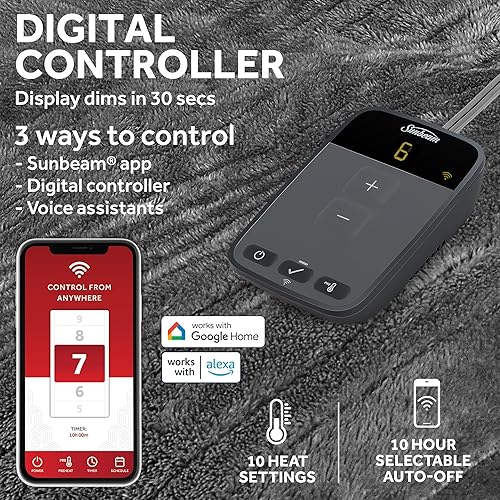 Miniatura 3 de Sunbeam Loftec - Manta eléctrica eléctrica con conexión Wi-Fi, 10 ajustes de calor, apagado automático de 10 horas, calentamiento rápido, manta de