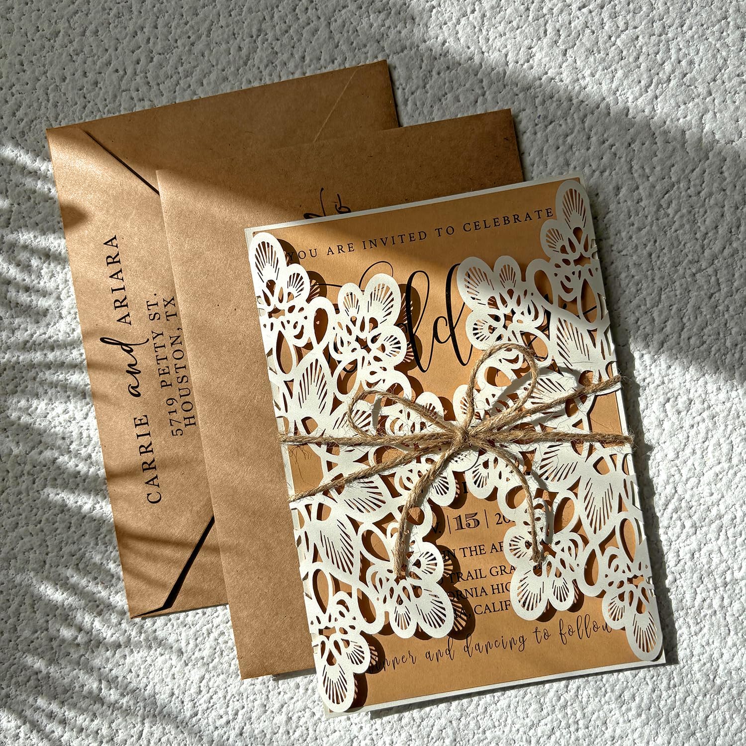 Yabo Quirk Craft 5x7 Wedding Invitation Cardstock with Envelopes, Laser Cut Pearl Ivory Wedding Invitations Card Flower, Rustic Kraft Paper Invites (25pcs Blank Invitation)