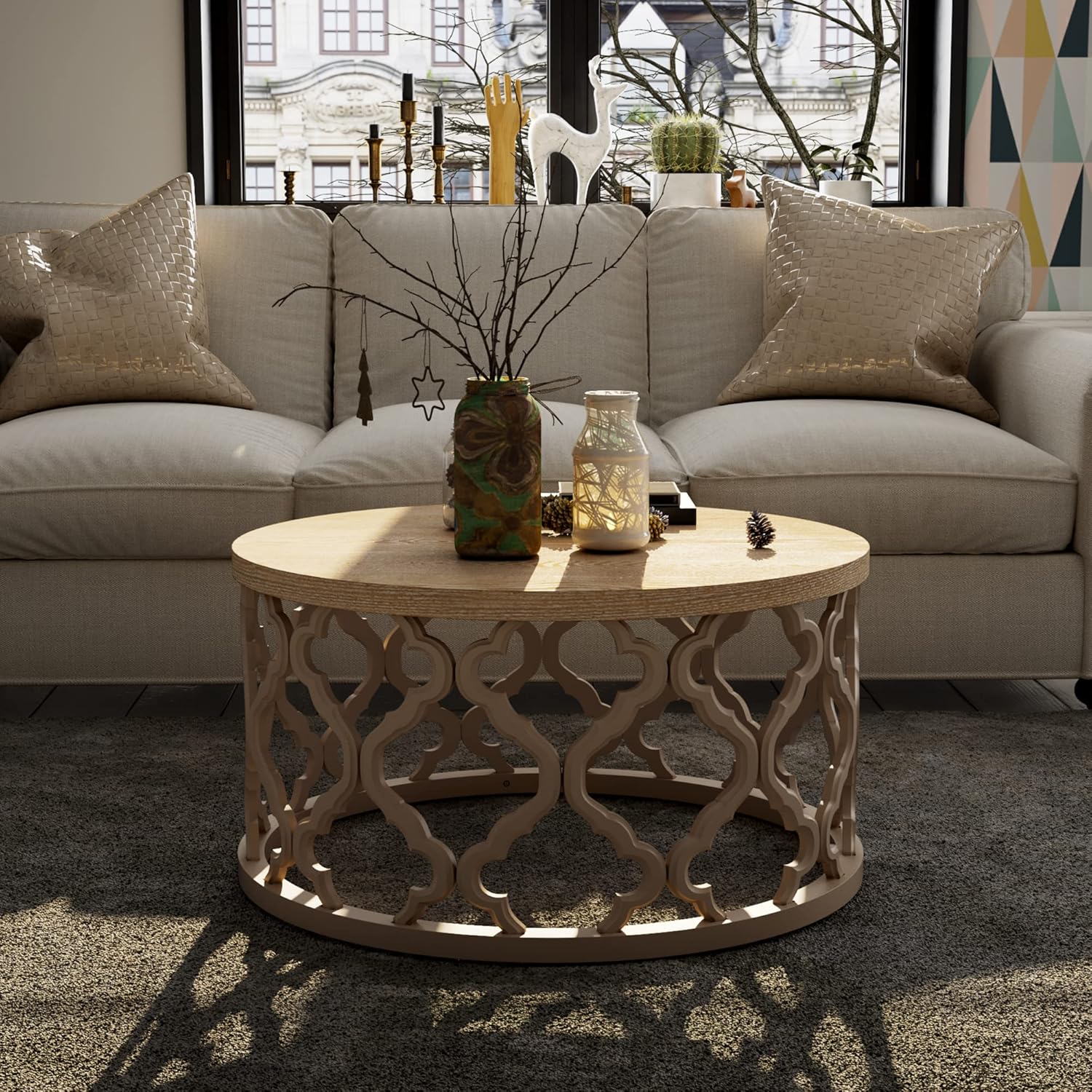 Round Natural Wood Coffee Table with Curved Motif Frame