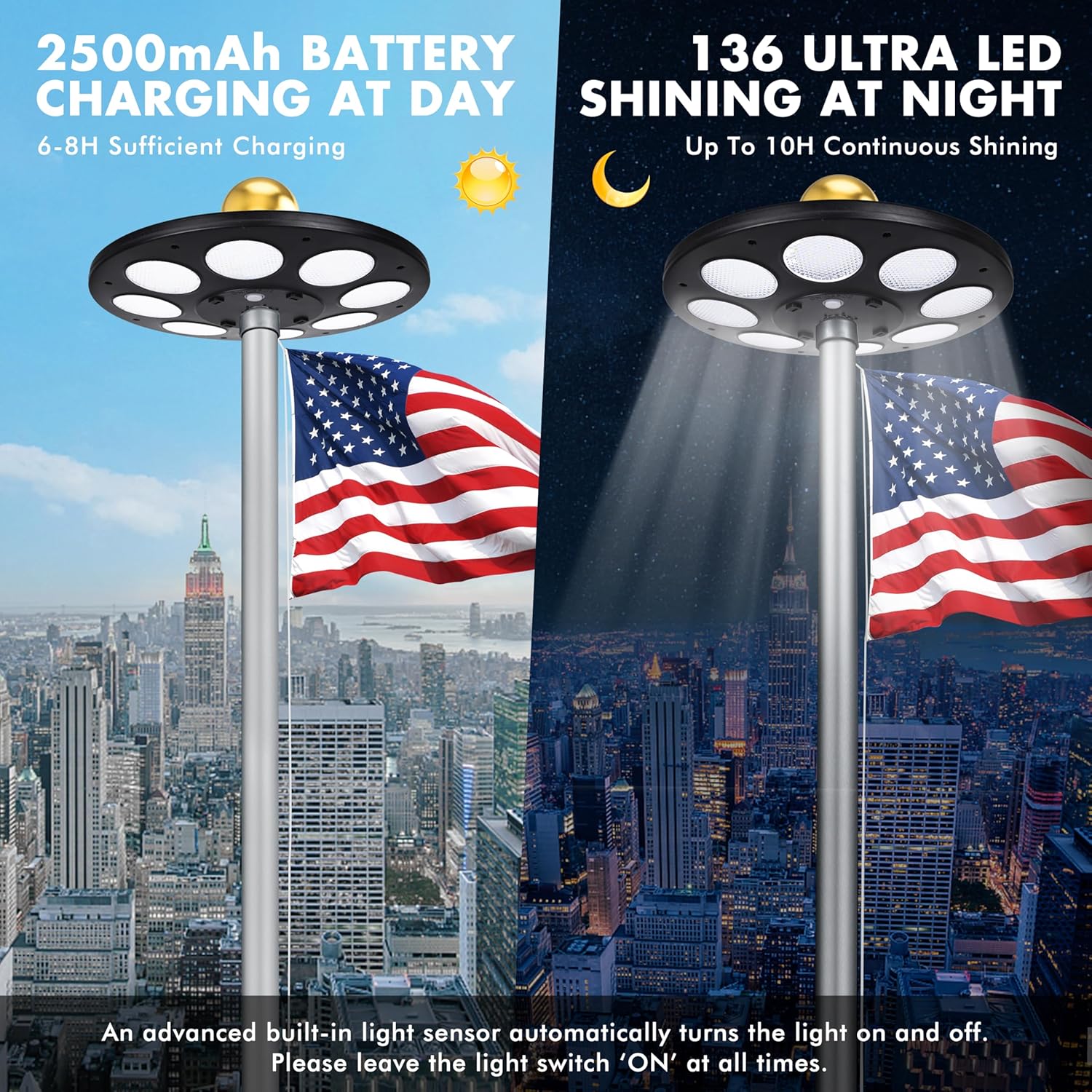 PPQ Solar Flagpole LED Light,136 LED 10000h Lifespan Black Flag Pole Light for 15-25 Ft Poles,Solar Powered Waterproof Lighting on Outdoor Pole Top,10 Hour Dusk to Dawn Auto On/Off