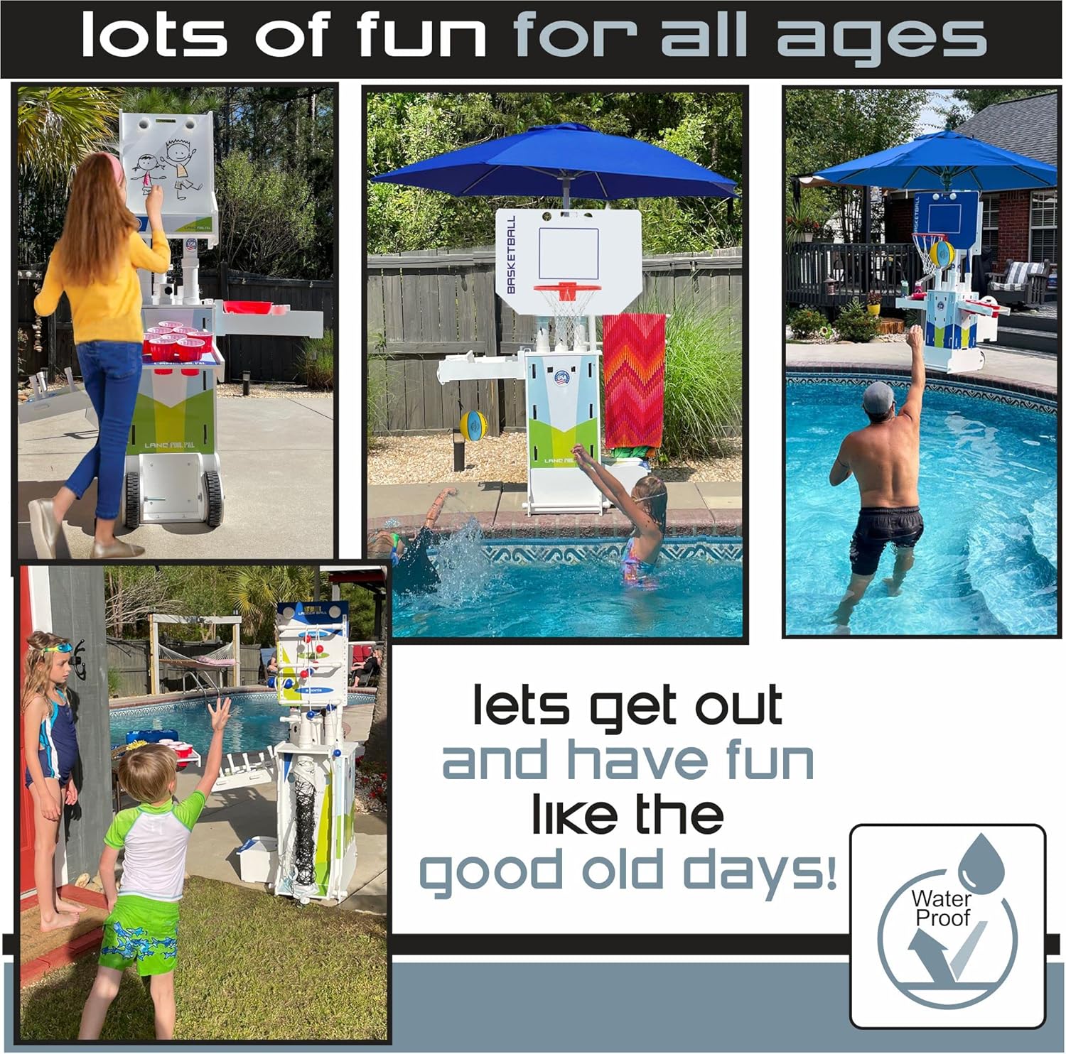 KIT#1 Basketball Hoop with Activity Base, Play in or Out of The Pool, Adjustable Height, 32 x 23 HDPE Solid Waterproof Backboard. ONE of A Kind!