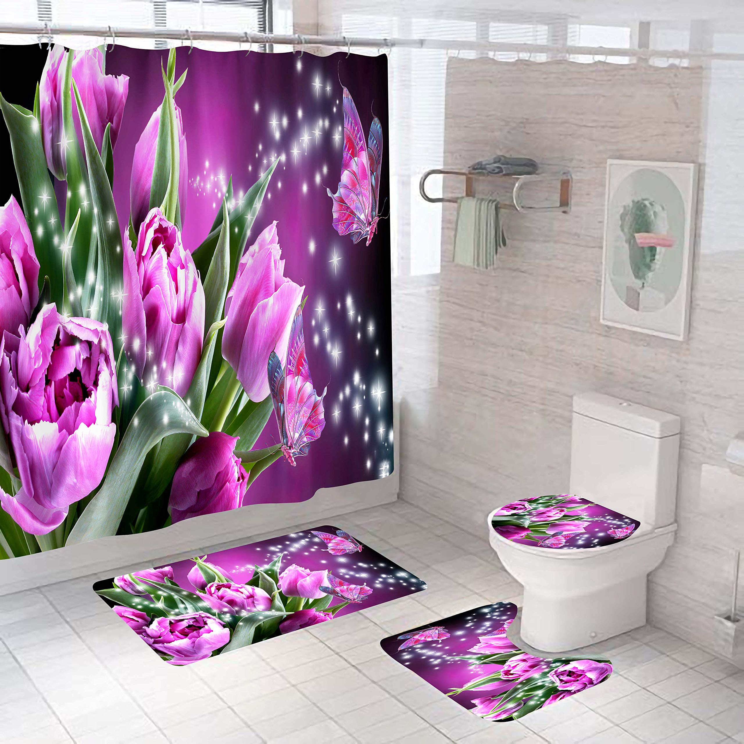Badematten & Badteppiche Set 4 Teilig Badezimmerteppich Waschbar Badematte rutschfest,Wc Vorleger Mit Ausschnitt Badematte Und Duschvorhang,Badvorleger Toilette Teppich 50×80Cm Rosa Blumen