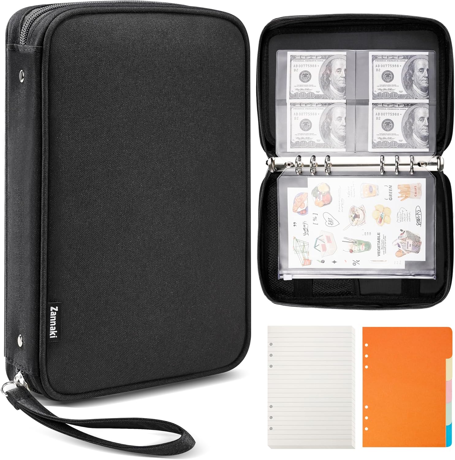 Zannaki A5 Zipper Binder with Binder Pockets, Dividers, Refill Paper, 6 Ring Refillable Binder Notebook for Personal Planner Journal Cash Budget Diary File Album Photocard Portable Travel Organizer