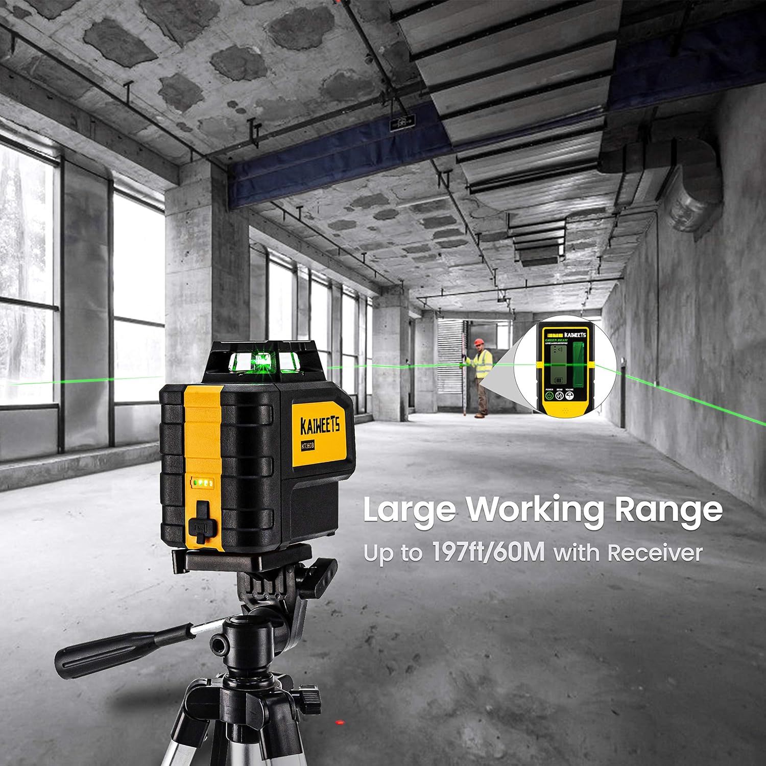 KAIWEETS Self Leveling Green Laser Level, 360 Laser Line with 2 Plumb Dots, Construction Laser Level for Picture Hanging, Outdoor Cross Line 197ft with Charge Batteries, Magnetic Stand