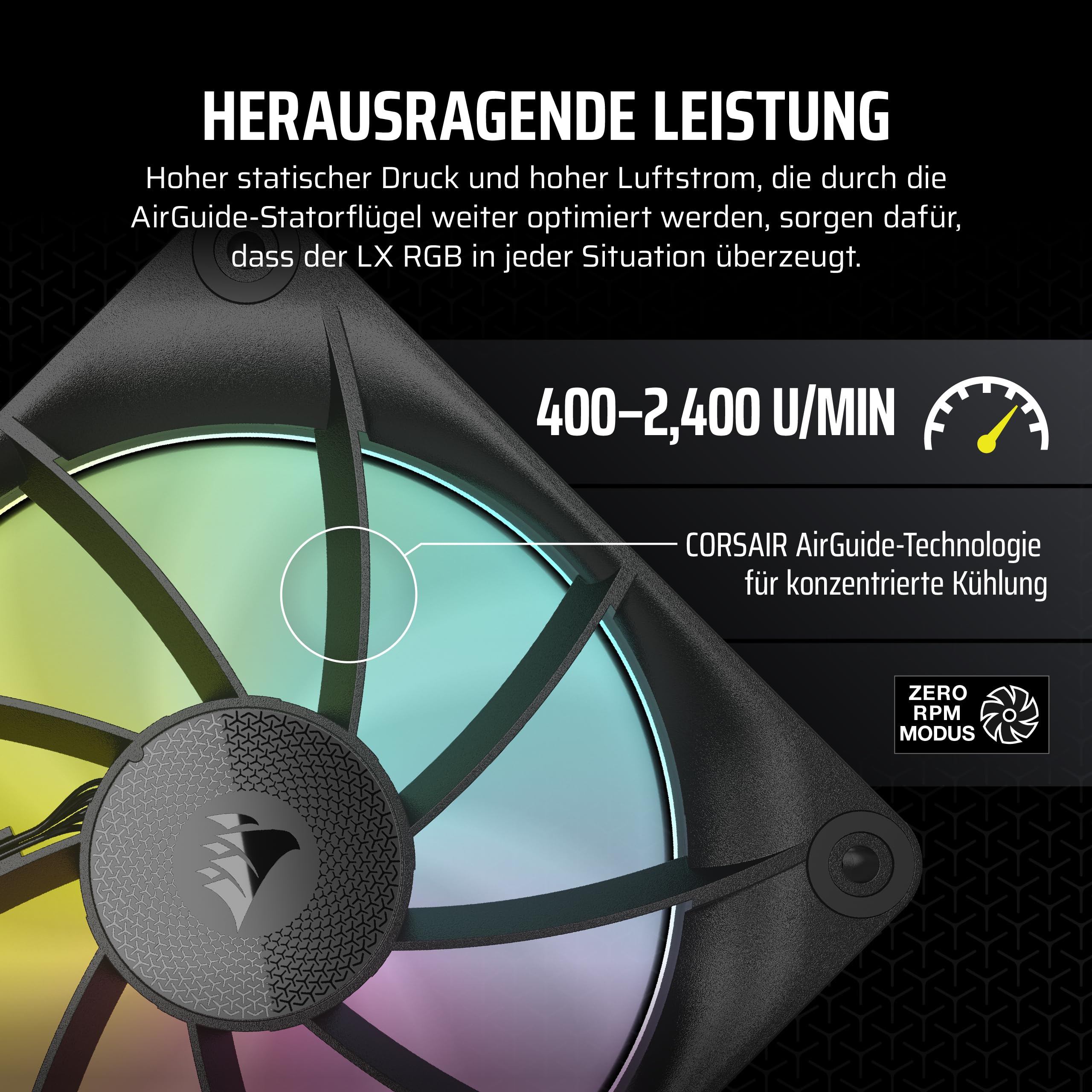 Corsair iCUE LINK LX120 RGB 120mm PWM-Lüfter Dreierpack – Dual Light Loops – Inklusive iCUE LINK System Hub – Corsair AirGuide Technologie – Schwarz