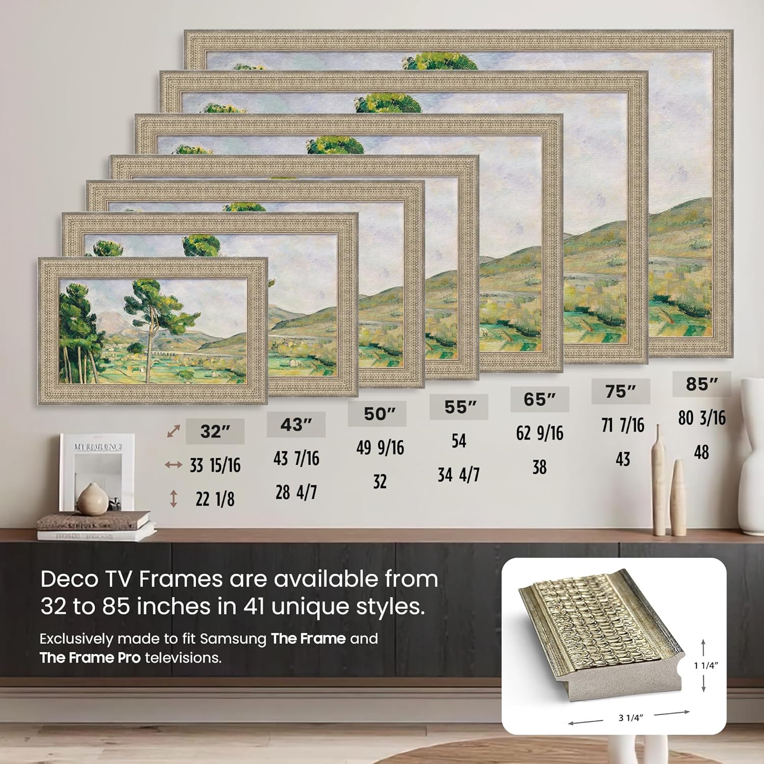 Gatsby Silver 75" Premiere Deco TV Frame - Compatible ONLY with Samsung The Frame TV and Pro TVs (Fits 2021-2026, LS03A, LS03B,LS03C,LS03D,LS03FA,LS03FW)