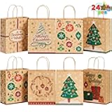 JOYIN 24 PCS present Bags Kraft Foil 7x9x3.5 Inches Christmas Goody Paper Bags 6 Designs for Gifts Wrapping Party, Giant Gifts Decorations