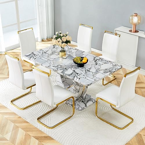 Miniatura 39 de JUFU Juego de mesa de comedor moderno para 6, juego de mesa de cocina de 63 pulgadas con mesa de mármol sintético y 4 sillas tapizadas de piel