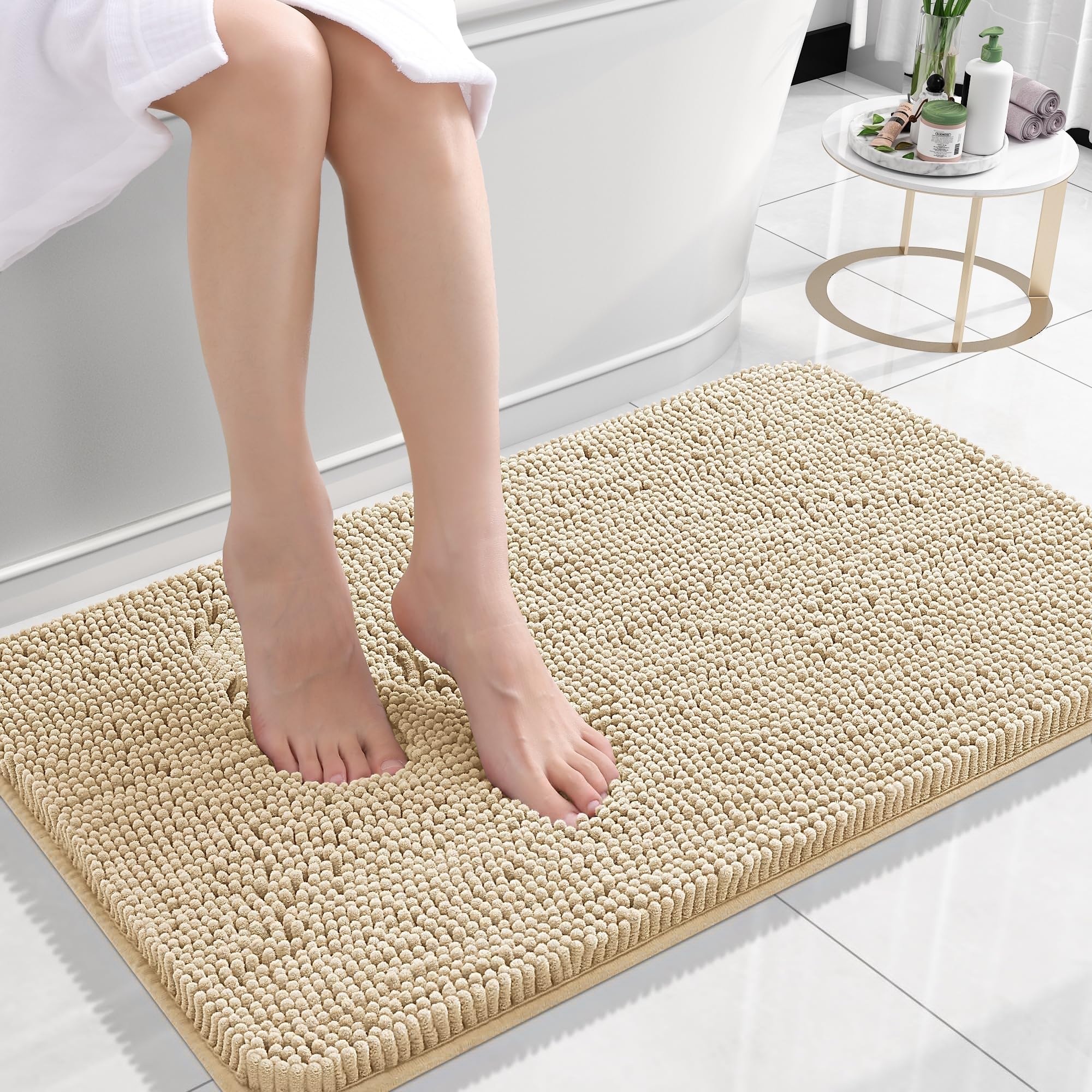OLANLY Bathroom Rugs 30x18, Extra Soft Absorbent Chenille Bath Rugs, Rubber Backing Quick Dry, Machine Washable Bath Mats for Bathroom Floor, Tub and Shower, Home Decor Accessories, Beige