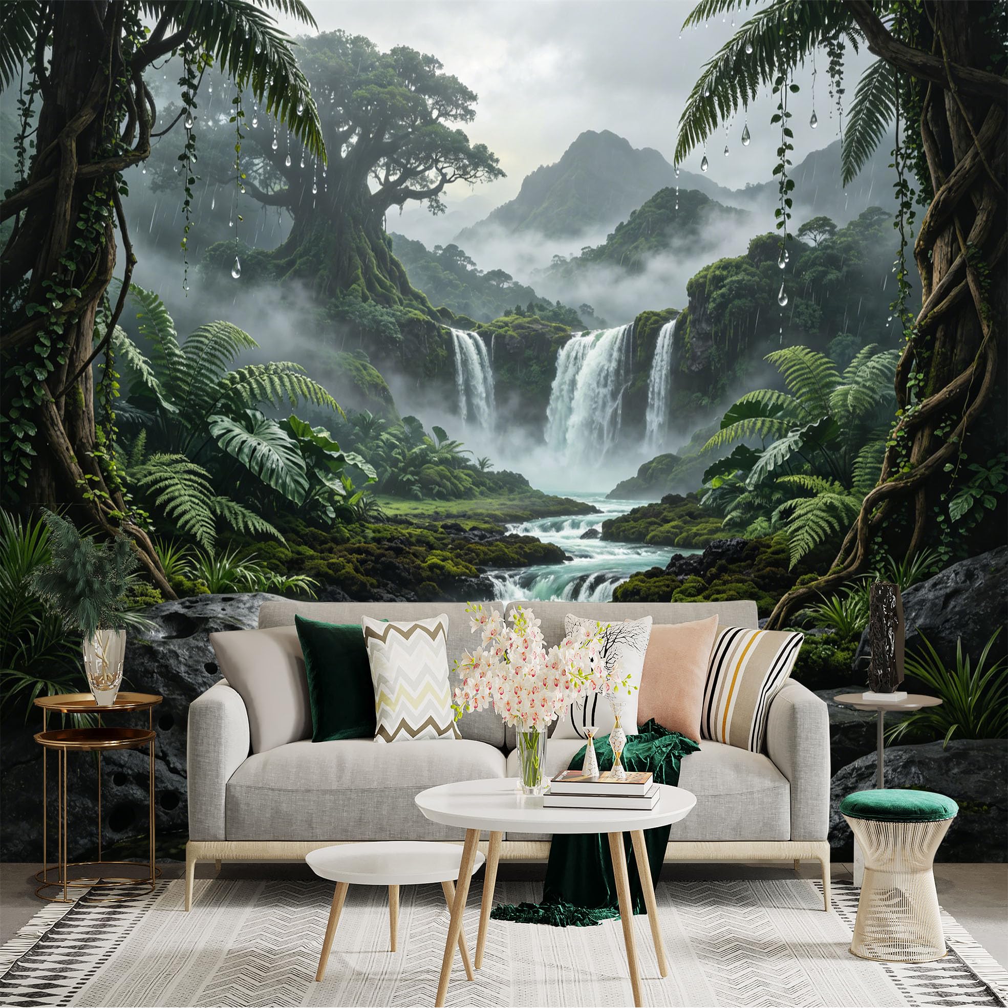 Custom Size Wall Sticker Mural， Tropical Rainforest Waterfall with Misty Mountains and Lush Green Plants， for wall Decoration， peelandstick wall Decals.