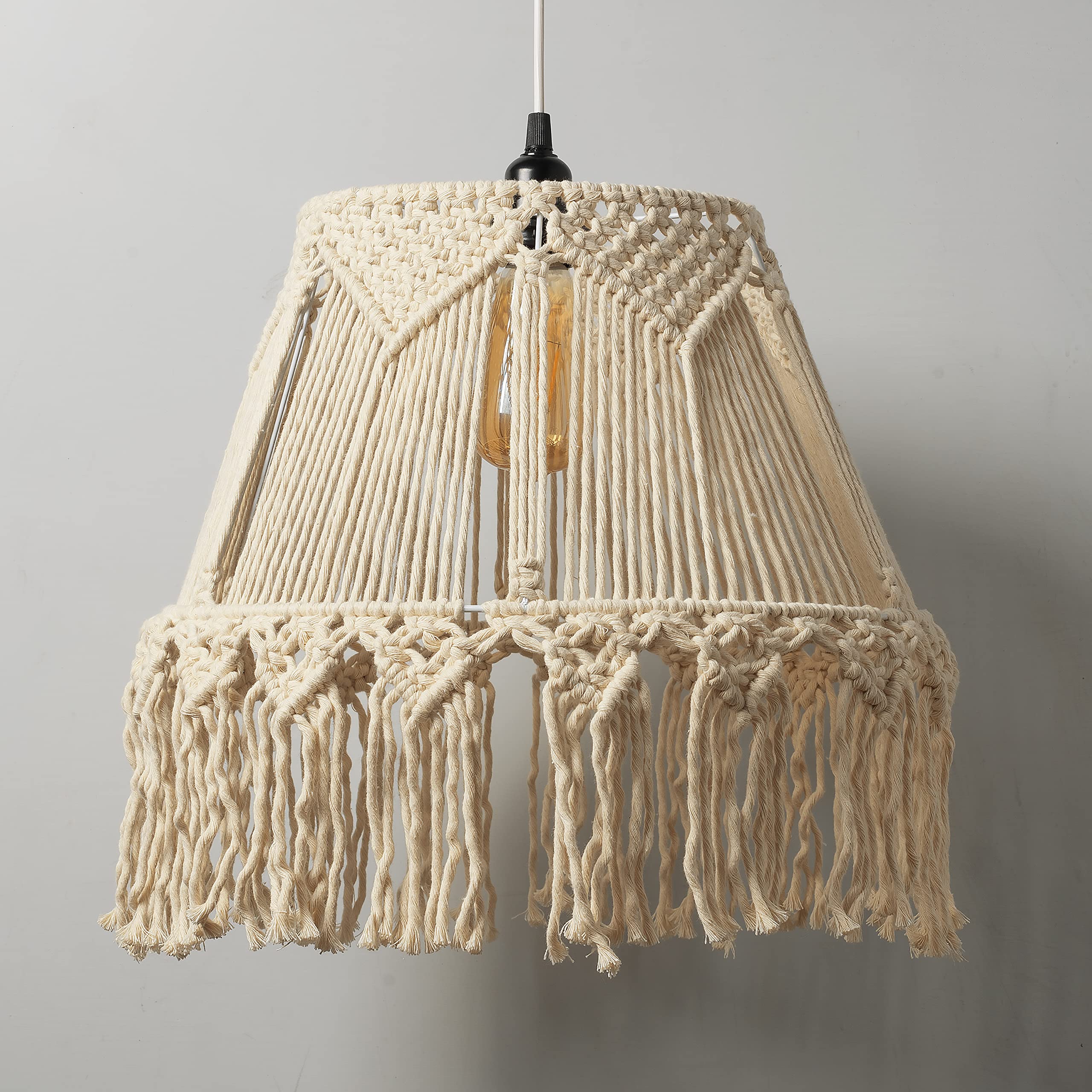 Macrame Hanging Shade Boho Hand Woven Modern Lamp for Living Room Bedroom Cafe LED Filament Bulb Ivory Large