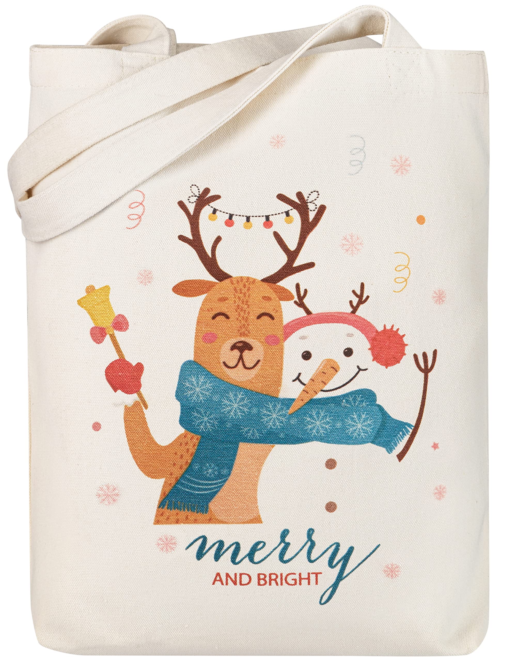 Miller & MaxCanvas Tote Bag,100% Cotton, Merry & Bright Cute Print, Durable Design with Inner Pocket, 12 oz Canvas Bags - Christmas gift