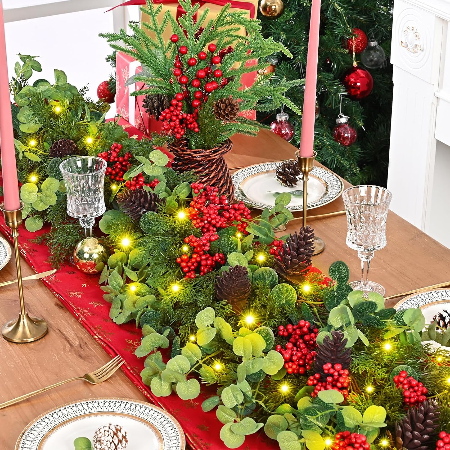 MARTINE MALL 6.4FT Christmas Garland with Lights, Cedar Garland Artificial Pine Cypress Garlands Christmas Greenery Garland with Eucalyptus Leaves Red Berries for Mantle Front Door Indoor Outdoor - Image 2