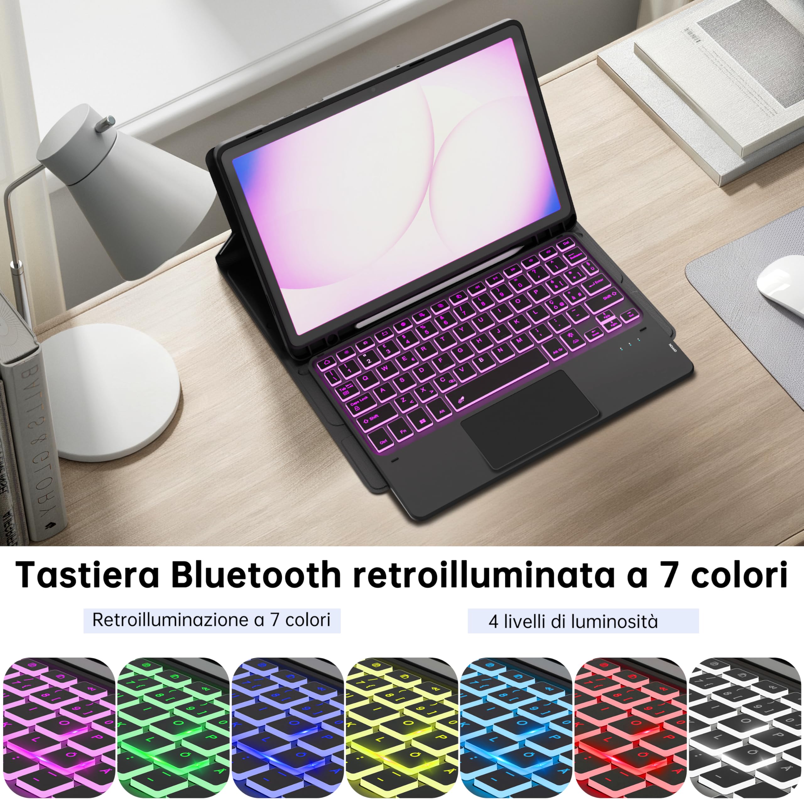 VANKEYPAD Tastiera Custodia per Samsung Galaxy Tab A11+/A9 Plus 11 Pollici - 7 Couleurs Rétroéclairage Touchpad Tastiera Rimovibile Bluetooth - Tab A11 Plus/A9+ 11" Custodia QWERTY Italiano, Nero