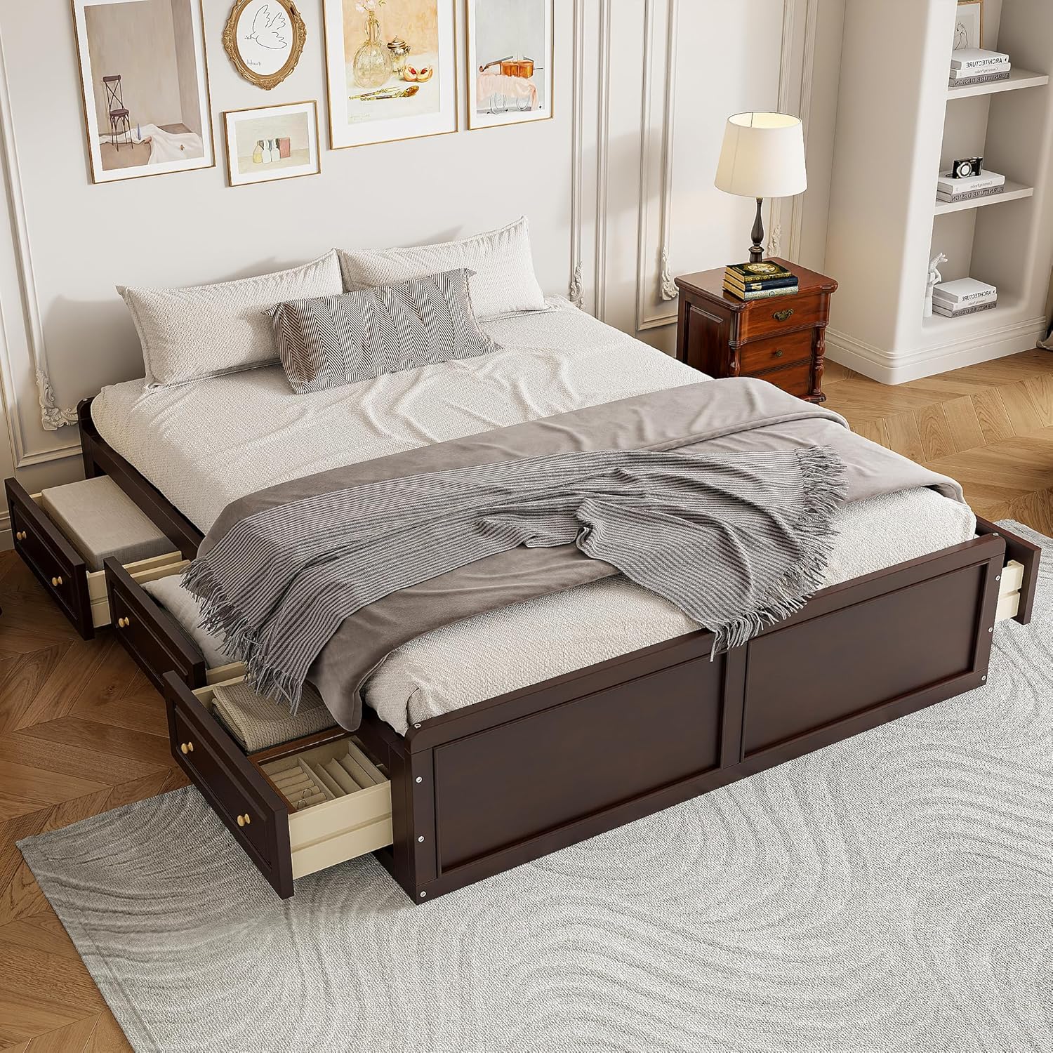 Lifestyle image of the bed frame with storage drawers pulled out