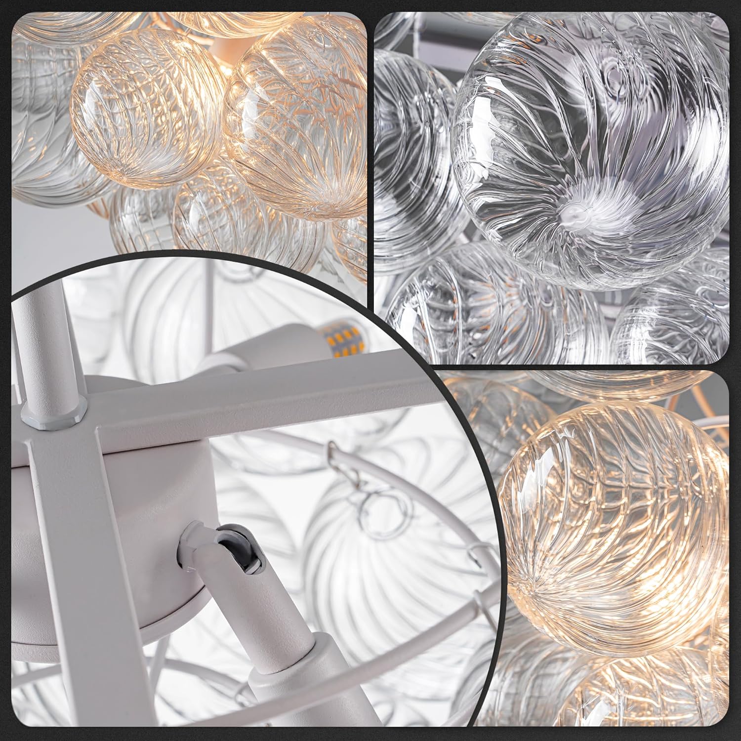 Hand Blown Glass Bubble Ball Chandelier White Finish 20" Semi Flush Mount Ceiling Light Fixture Art Deco Cluster Ribbed Blown Glass Globe Lighting for Bedroom Dining Entry Lobby Bar