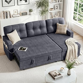 Dreamzie 82" L Shaped Sectional Sleeper Sofa with USB Charging Ports, 3-Seater Pull Out Couch Bed with Storage Chaise, Reversible Convertible Sofa Bed for Living RoomTeddy Fabric, Dark Grey