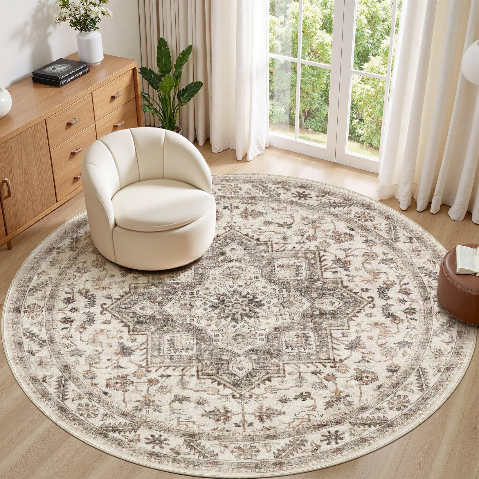 8ft Round Vintage Living Room Area Rug - 8x8 Large Soft Washable Oriental Traditional Distressed Farmhouse Rugs for Bedroom - Indoor Floor Accent Carpet for Home Office House Decor - Light Brown — image 1