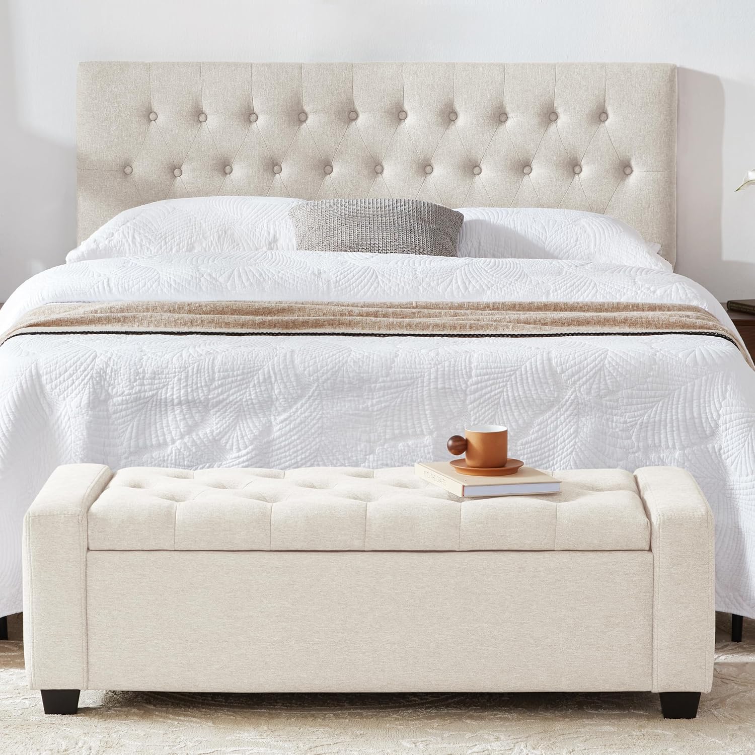 48" Ottoman with Storage, Large Storage Ottoman Bench for Bedroom with Safety Hinge, Upholstered Tufted Window Benches, End of Bed Bench for Living Room, Entryway Bench with Seating, Beige