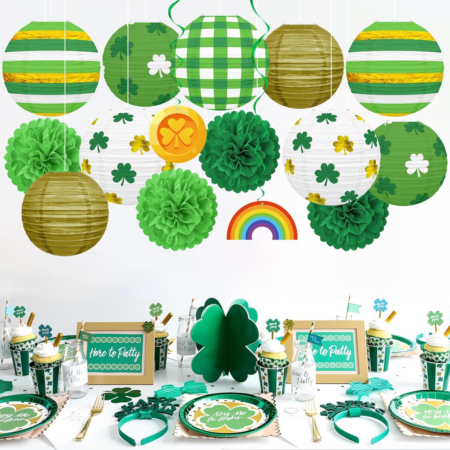 15Pcs St Patricks Day Paper Lanterns Party Decorations - Green Gold Four-Leaf Clover Printed Hanging Decor for Irish Saint Festive Indoor Outdoor Supplies - Style 2 image 5
