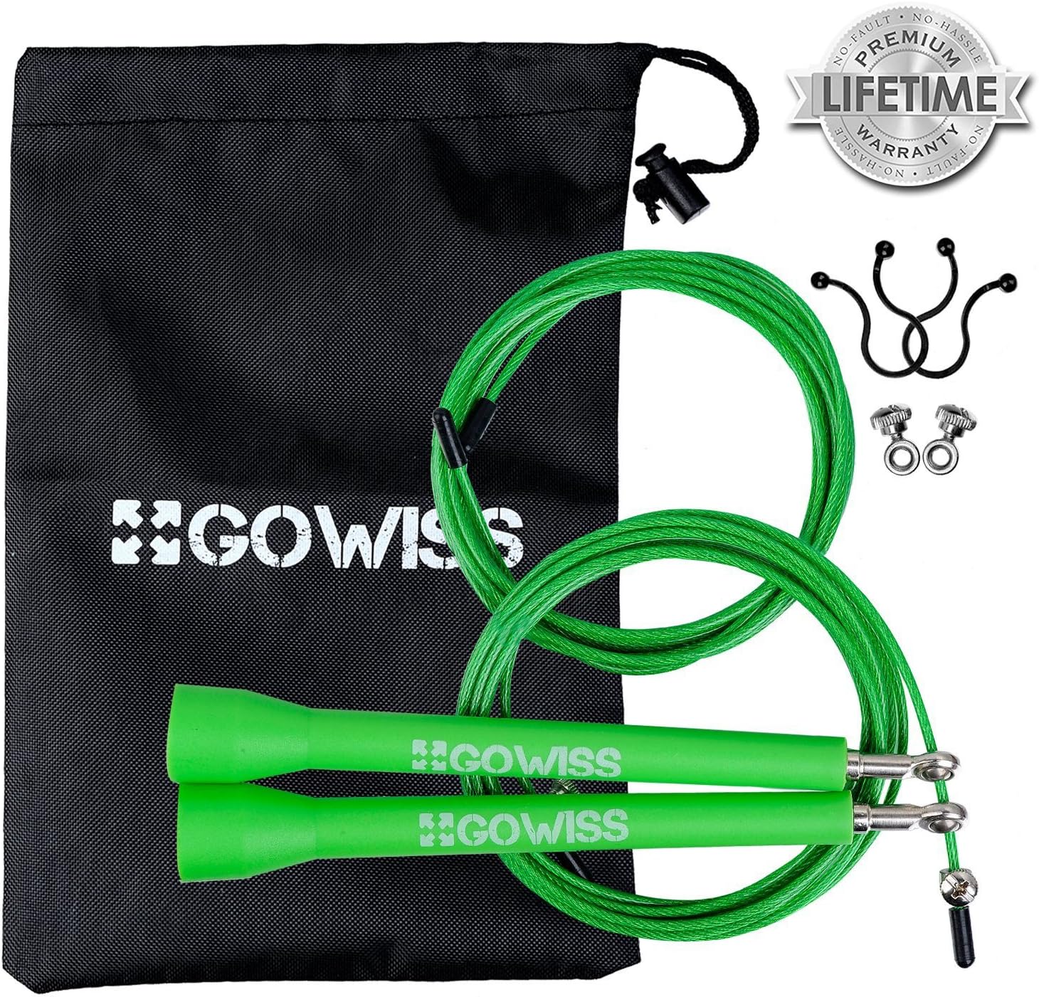 Jump Rope - Speed & Adjustable Steel Wire Skipping Ropes - Includes Carrying Bag Spare Cable & Screw Kit - Double Unders,Boxing,Cross Training Fitness and Cardio (Green)