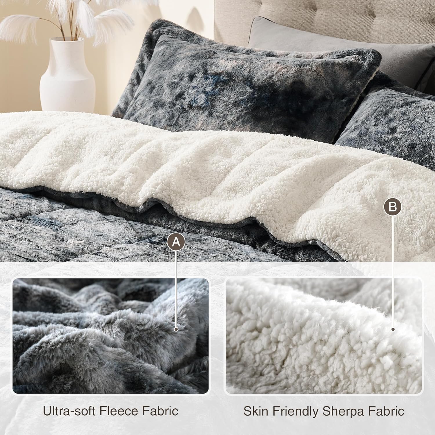 UNIKOME Sherpa Comforter Set Queen Size 3 Pieces,Soft Fleece Comforter Set,Warm Fluffy Plush Winter Bedding Set,Luxury Fuzzy Bed Set with Reversible Comforter & 2 Pillow Shams