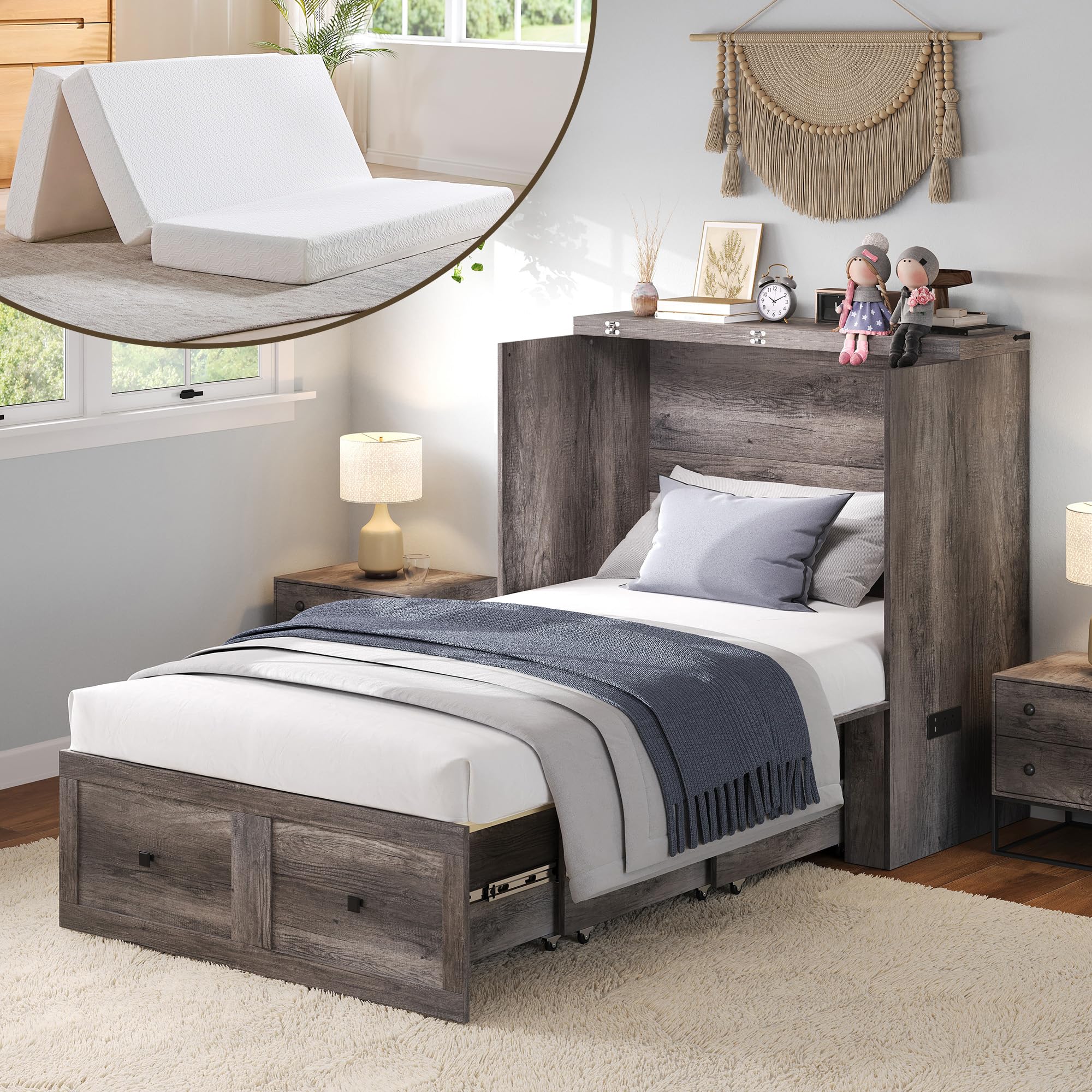 LUXOAK Twin Rustic Grey Murphy Bed with 6" Tri-Fold Memory Foam Mattress