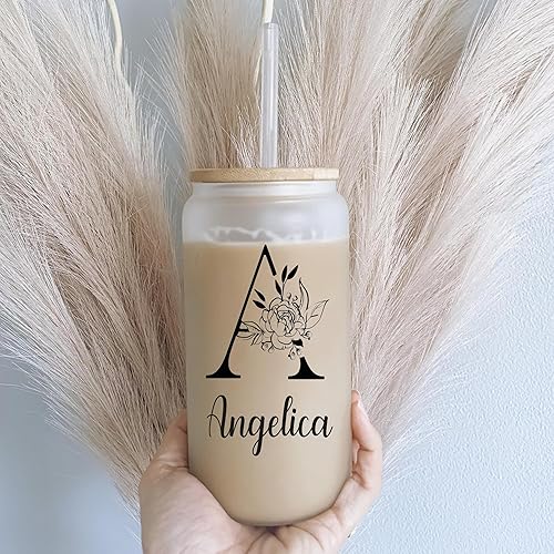 Miniatura 1 de Vaso de vidrio, regalos con monograma para mujeres, tazas de vidrio de 16 onzas con tapas y pajitas, taza de café helado, vaso de vidrio con forma