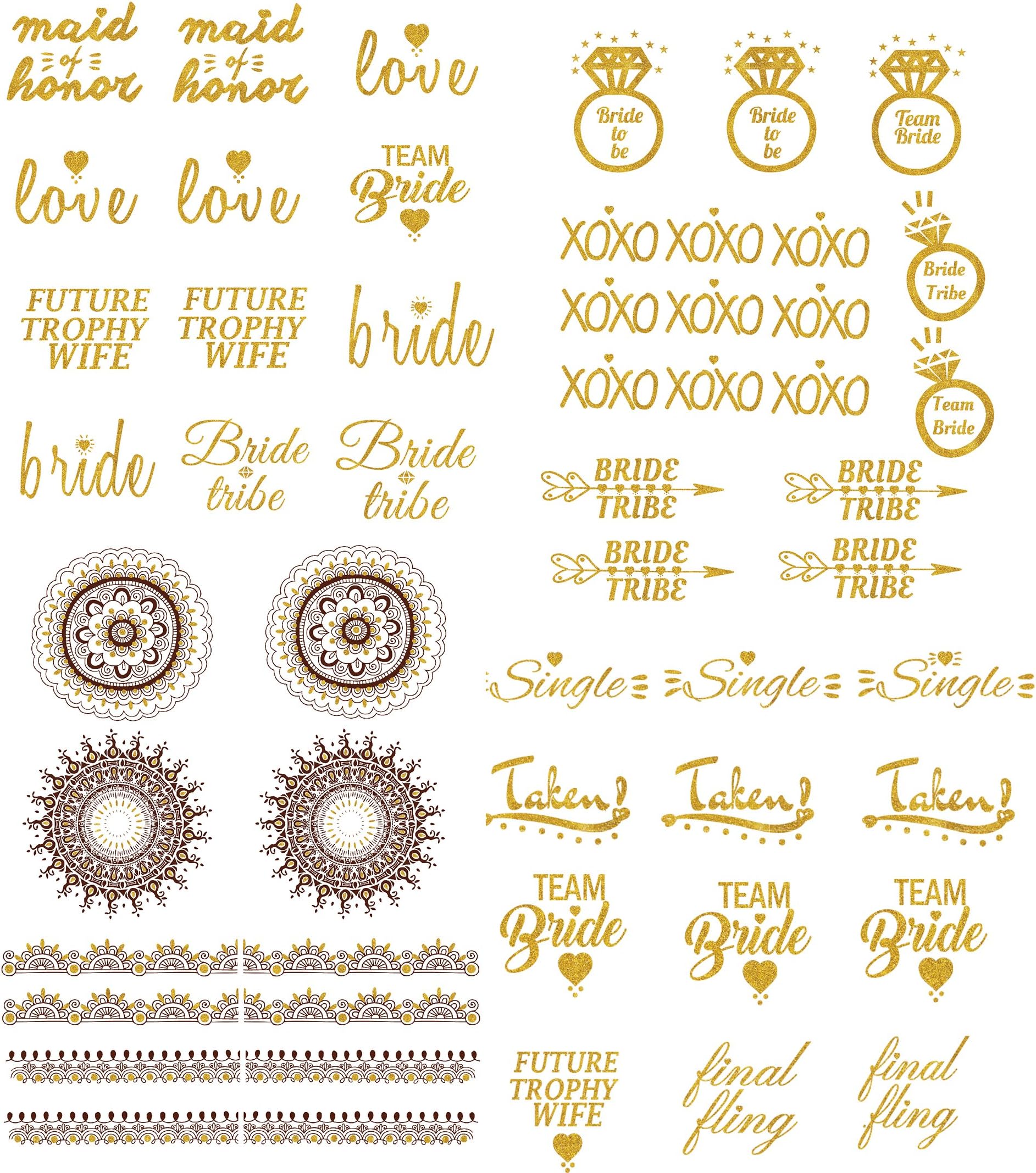 Bachelorette Party Tattoos (UNIQUE SET) 48 Metallic Shiny Gold Flash Tattoos, Exclusive Team Bride Heena Tattoo Included, Beautiful Temporary Flash Tattoos