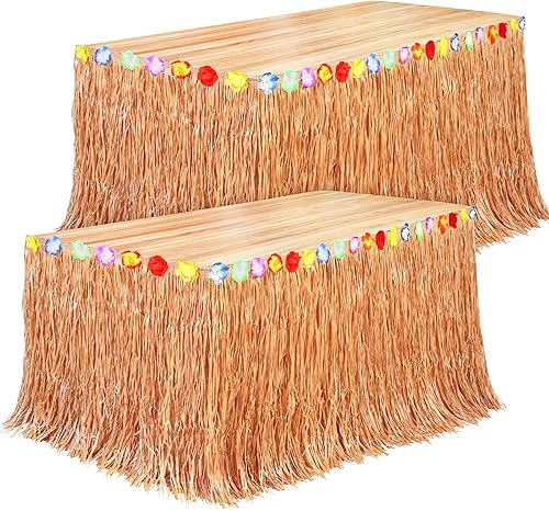 Miniatura 19 de Fovths Paquete de 4 faldas de mesa de hierba Luau natural de 9 pies x 29.5 pulgadas, falda de mesa hawaiana para decoraciones tropicales hawaianas