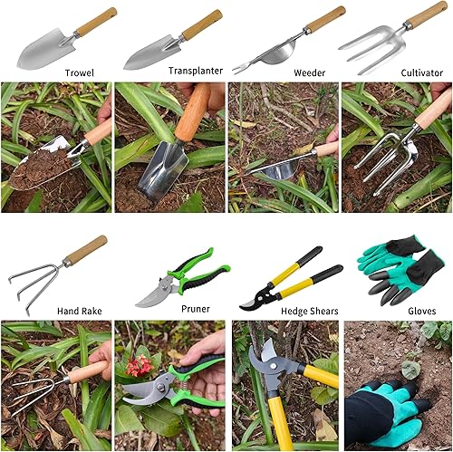 Miniatura 4 de Juego de 41 herramientas de jardinería de alta calidad, kit de herramientas de jardinería de acero inoxidable, con agarre de goma antideslizante,